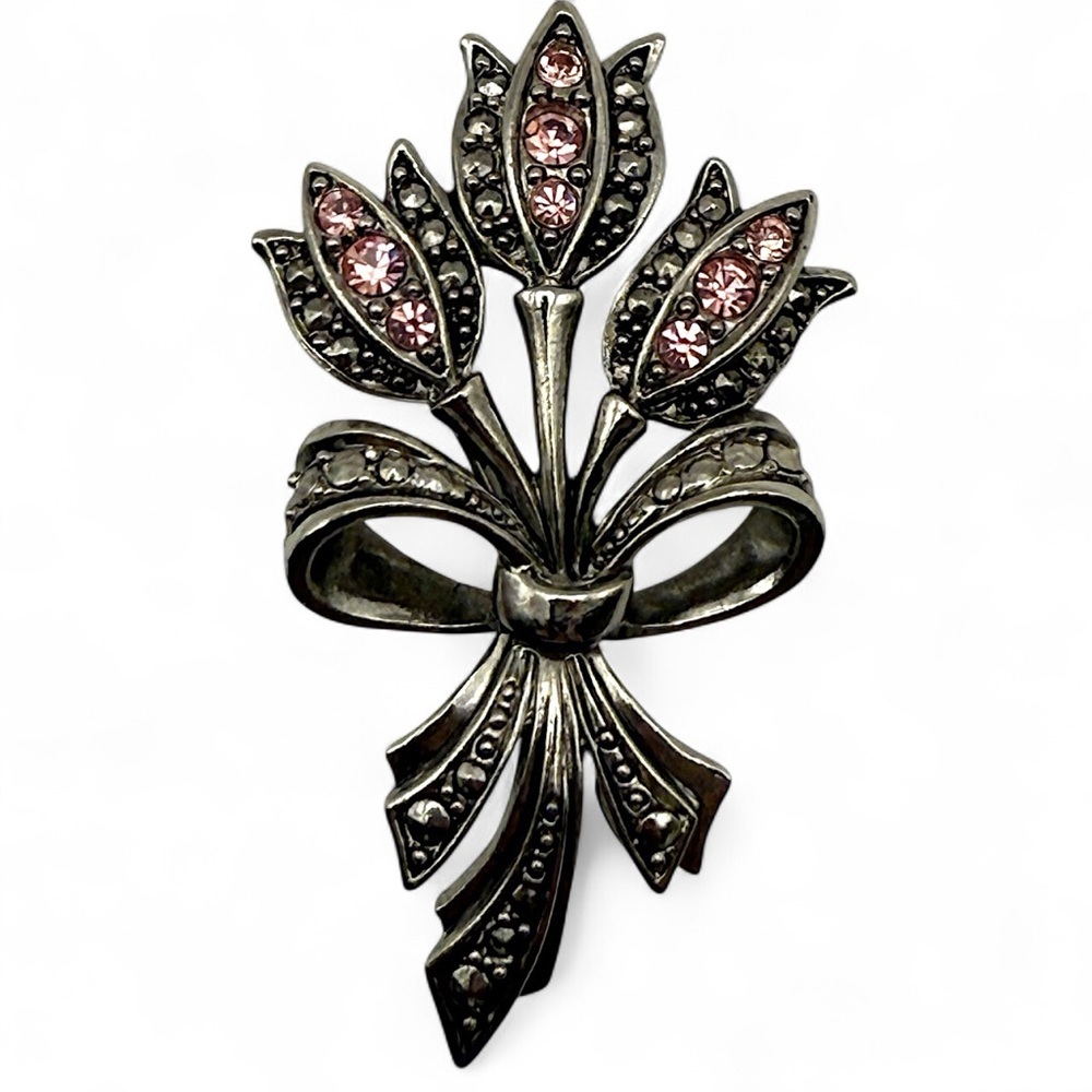 Vintage Avon Pink Rhinestone Tulip Flower Bouquet Bow Faux Marcasite Brooch Pin